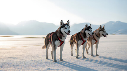 A trio of majestic Siberian huskies patiently waits in their red harnesses on a snow covered plain