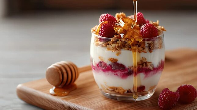 Close-Up Layered Yogurt Parfait with Fresh Raspberries