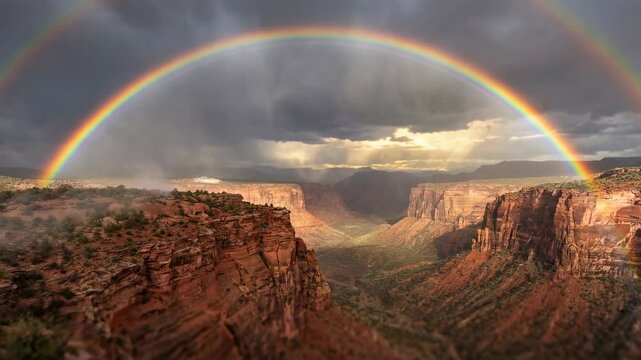 A vivid double rainbow arches over a breathtaking canyon landscape, illuminating the vastness and beauty of the natural world.