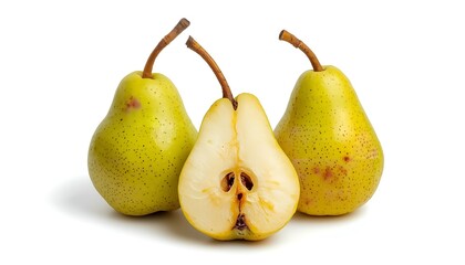 Three green pears with one cut in half on a white background