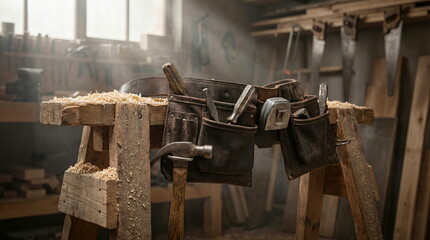 A weathered leather tool belt with various hand tools rests on a dusty wooden workbench in a traditional carpentry workshop, symbolizing craftsmanship and hard work.