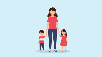 Cartoon family illustration, adult with two children, holding hands, parenting concept, childcare support, colorful vector, happy bonding, flat design