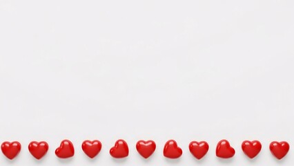 Red 3d hearts lined up in a neat row at bottom of clean white minimal background with copy space