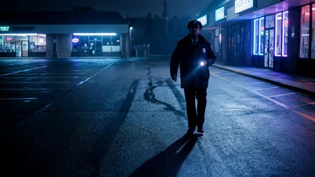 A lone security guard patrols a desolate shopping area late at night, a flashlight illuminating the darkness, creating a sense of isolation and vigilance.