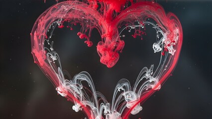 A macro photograph of ink (red and white) dispersing in water to form a delicate, swirling heart pattern.
