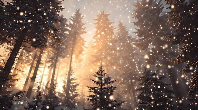 Golden Morning Light Shining Through Fog in a Snowy Forest