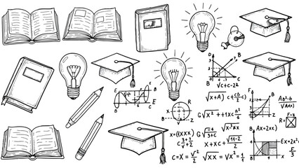 Education icons set, school and university symbols with books, graduation caps, light bulbs, and mathematical equations, line art vector illustration
