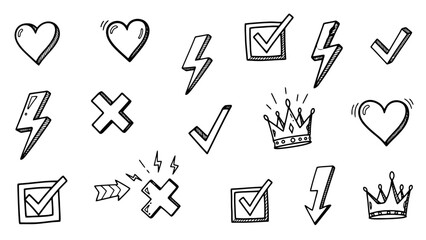 Doodle style icons set including hearts, lightning bolts, check marks, and crowns for social media and ui design