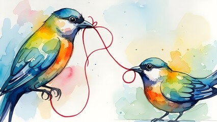 Watercolor-style painting of two abstract, colorful birds sharing a single, long piece of red yarn in their beaks.