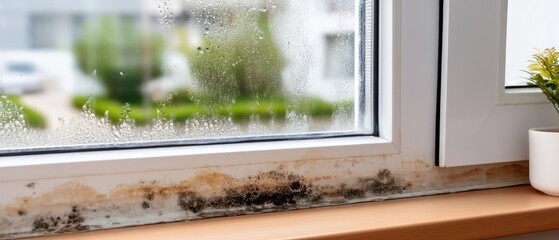 Close-up view of a dirty window sill showing black mold with green grass outside under gloomy weather conditions