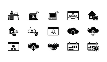 Remote work and technology concepts with icons representing collaboration, connectivity, and cloud storage solutions