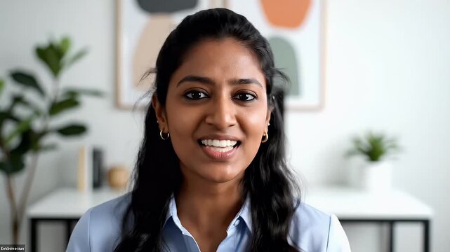 Young Indian woman speaking directly to camera professional headshot portrait business video interview testimonial online learning corporate training stock footage diverse talent
