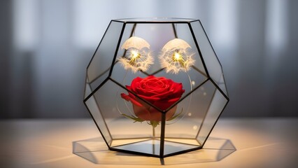 A minimalist glass terrarium containing a single, perfect red rose and two glowing dandelion seeds, suspended in air.