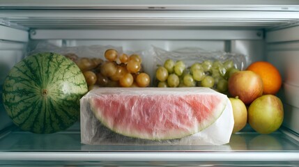 Watermelon, grapes, and various fruits creating a colorful arrangement on a refrigerator shelf, promoting fresh produce and healthy eating for a balanced diet