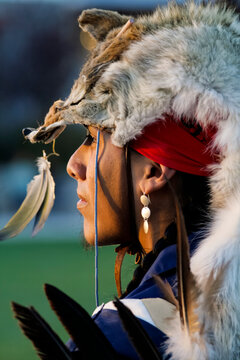Santa Fe, New Mexico, United States.  Native American male in winter ceremonial coyote headdress. Apache tribe,