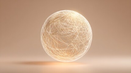 Glowing abstract golden sphere forming a complex network of illuminated curved lines, symbolizing global connection, digital energy, and futuristic technology on a soft background