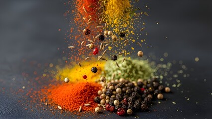 Spices falling in slow motion (top view).