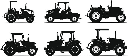 Tractor silhouette vector set, black agricultural vehicle illustrations, side view icons, farm machinery graphics, isolated rural transport designs © LITON