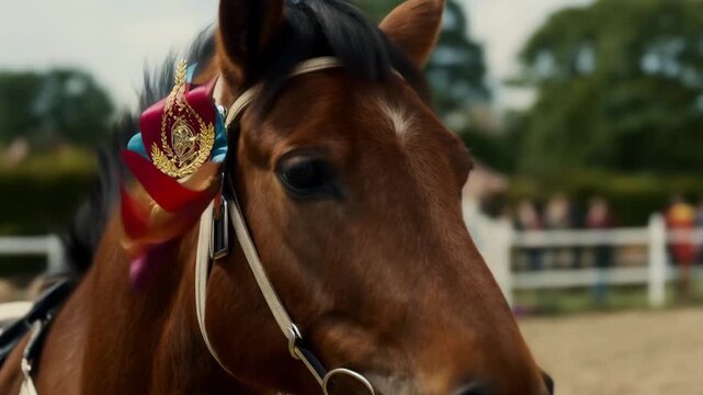 Close-up portrait of a brown horse wearing a prize ribbon at an equestrian competition. Champion animal with a winner's rosette standing in an outdoor arena. Equine success concept