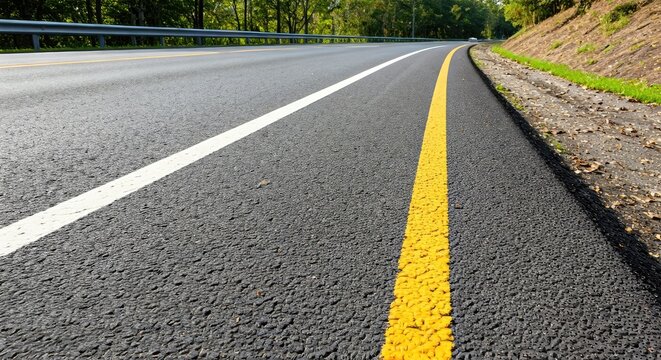 Asphalt road with white and yellow lines
