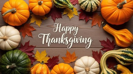Happy thanksgiving greeting with pumpkins and autumn leaves on wooden background