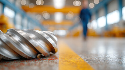 Mechanical engineer inspecting a large spiral gear in a spacious industrial factory setting