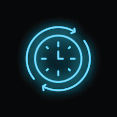 Obraz premium Neon clock showing time passing with rotating arrows on black background