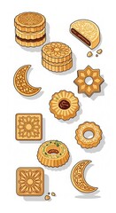 Assortment of intricately decorated baked dessert items arranged vertically against a white background