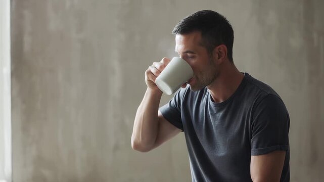 Fit man drinking coffee while sitting on a yoga mat. Male athlete taking a break with a hot beverage after a workout. Healthy lifestyle and mindfulness concept