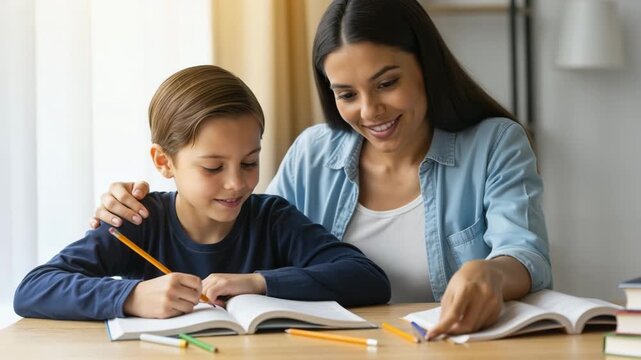 Mother helping son with homework at a wooden table. Woman teaching young boy writing in a notebook. Homeschooling and family education concept