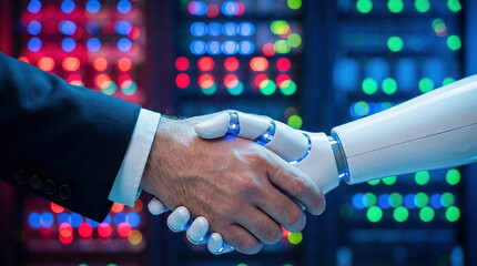 Human and robot handshake in a futuristic data center, symbolizing AI partnership, innovation, and technological business collaboration.
