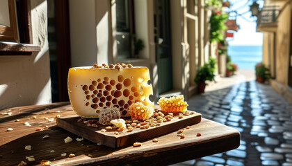 Delicate slice of manouri cheese on rustic wooden board in sunlit village street