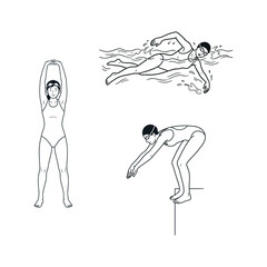 Female swimmer training poses set including dive start freestyle swimming and standing stretch line art vector illustration isolated on white