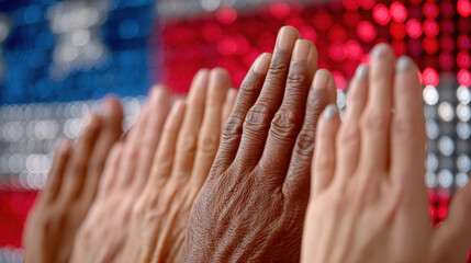 Close-up of diverse raised hands in front of bright American flag screen, symbol of national unity, civic engagement, human rights and community support in the USA.