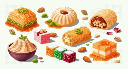Assortment of various sweet pastries and confections displayed on a light background