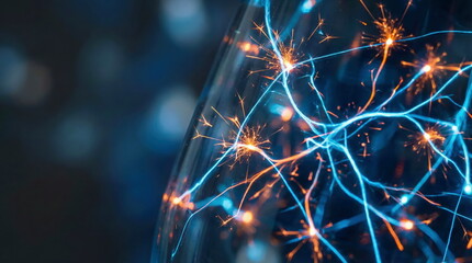 Abstract glowing neural network depicting AI, brain activity, electrical impulses, and data connections in blue and orange lights on a dark background.