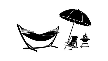 Summer essentials: hammock, umbrella, chair, and bbq grill silhouette