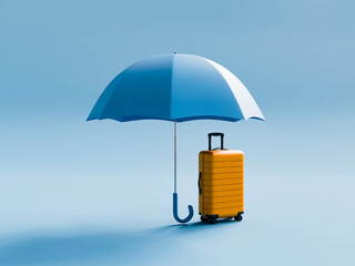 A yellow travel suitcase protected under a blue umbrella against a clean blue background.
