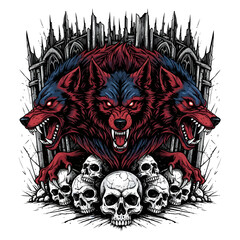 threeheaded demon wolf surrounded by skulls and thorns.