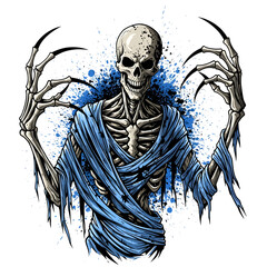 Blue Skeleton Zombie with Tattered Robe in Eerie Pose.