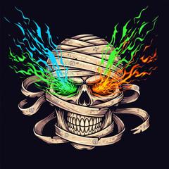 Colorful Flaming Skull Artwork with Ribbon Wrappings.