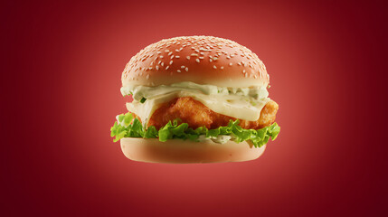 A crispy chicken burger with lettuce and creamy sauce isolated against a bold red background.