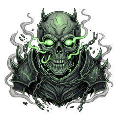 Demonic skull wearing armored helmet with green glow.