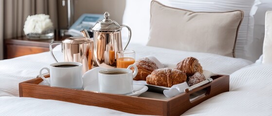 Joyful breakfast tray with coffee, orange juice, and pastries on a bed in a hotel room