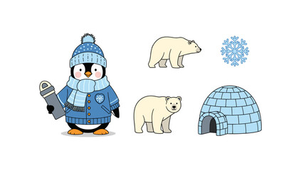 Cute winter animals in cozy outfits with igloo and snowflakes