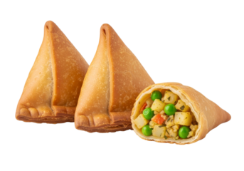 crispy triangular samosas with peas and mixed vegetable filling