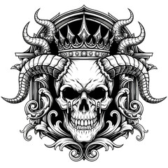Horned Skull Emblem with Crown and Intricate Ornament.