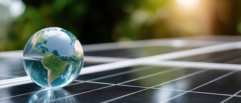 Solar panel with earth globe in background surrounded by green forest and sun rays creating an alternative energy scene - Powered by Adobe