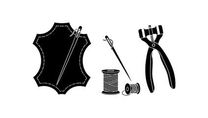 Fototapeta premium Silhouette of leatherworking tools: needle, thread, and stitching accessories