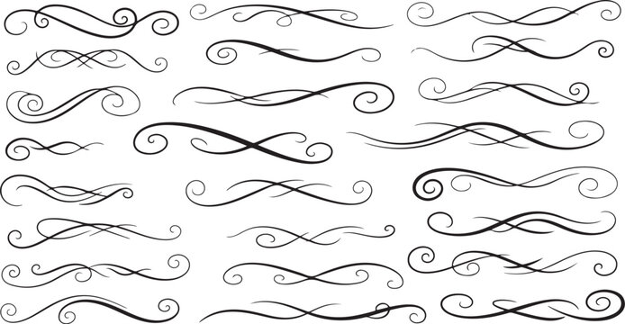 Vector swirl lines with swash and flourish underlines. Hand drawn swooshes and elegant calligraphic curved dividers on white background.eps